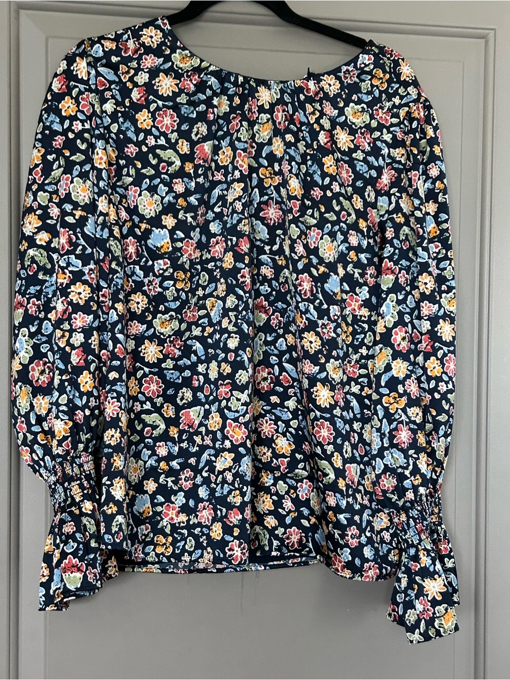 Navy Floral Long-Sleeve Peasant Blouse